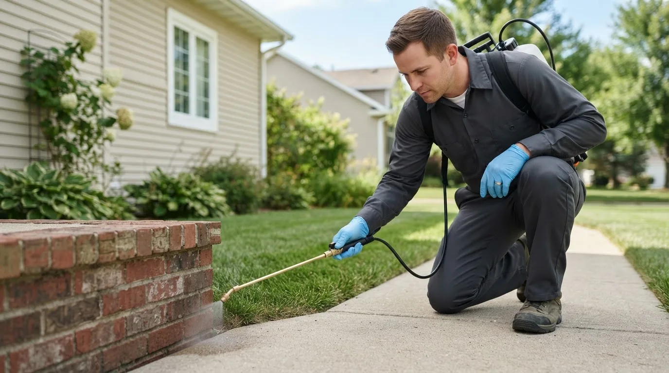 Pest control technician treating a home near Greenwood, MO
