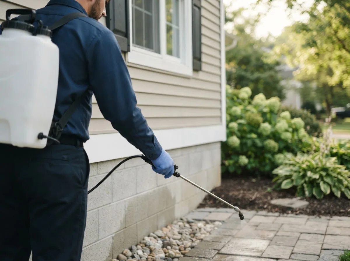 Pest control technician inspecting a home in Greenwood, MO